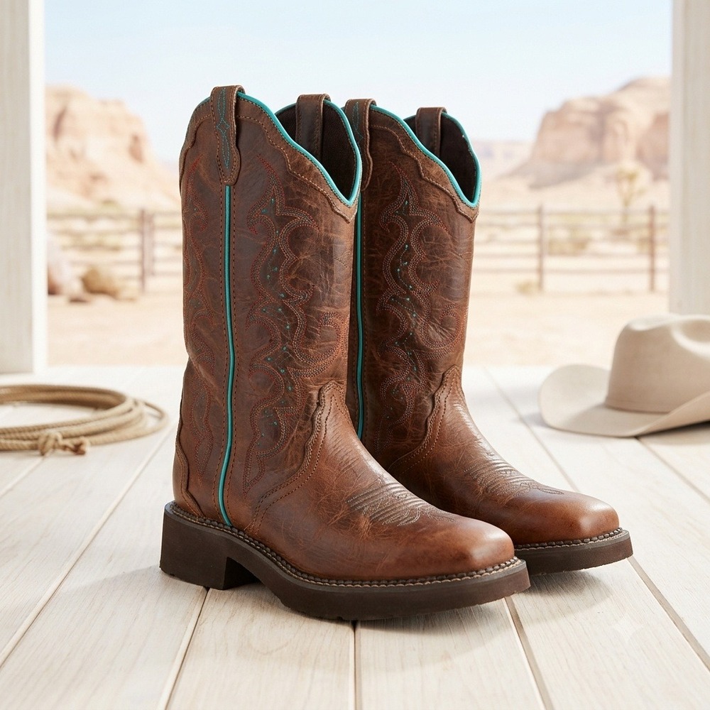 Justin Gypsy L2900 Womens Brown Leather Square Toe Western Boots Turquoise 7B